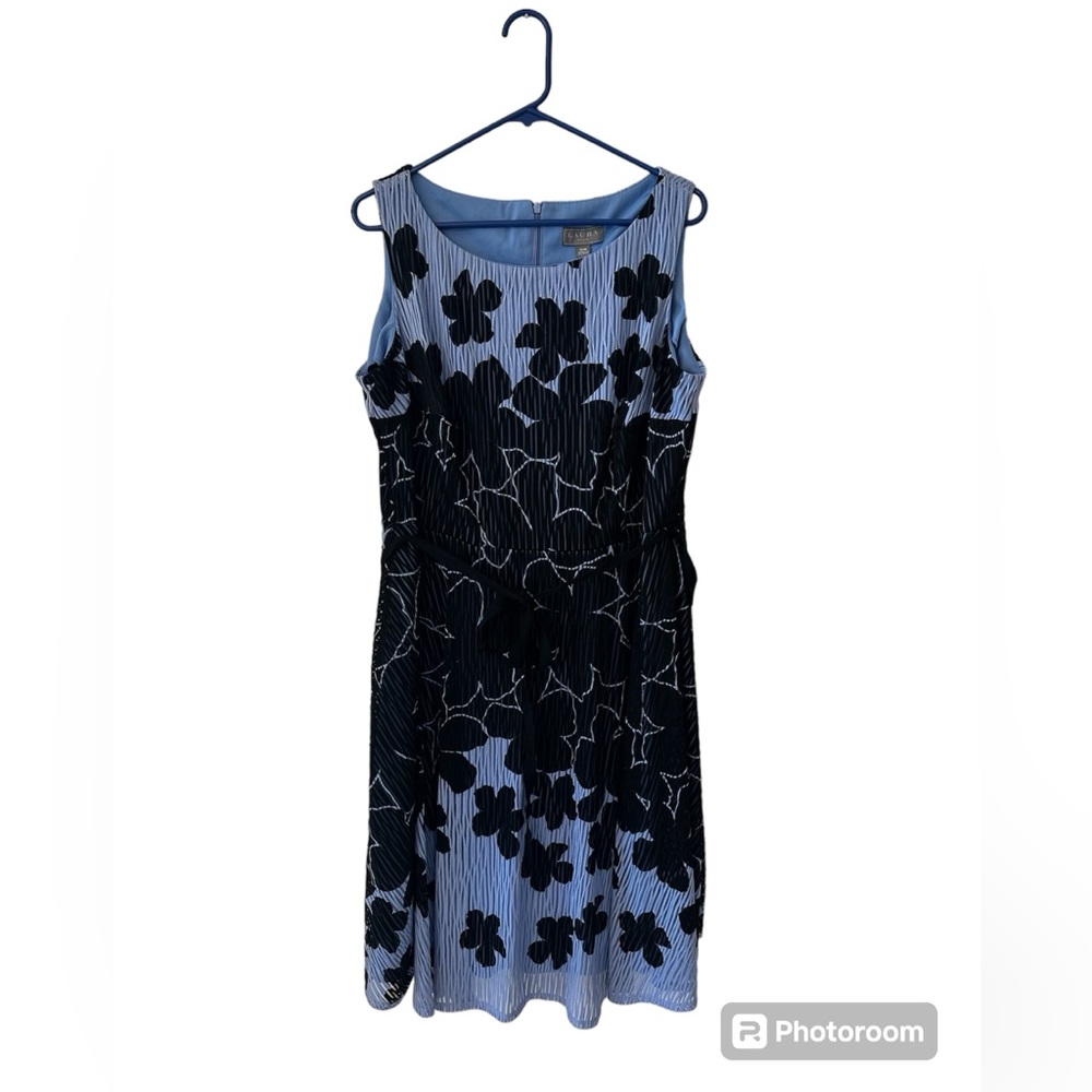 Laura Plus Sleeveless Blue Black Floral Lined Midi Cocktail Dress sz 16W EUC